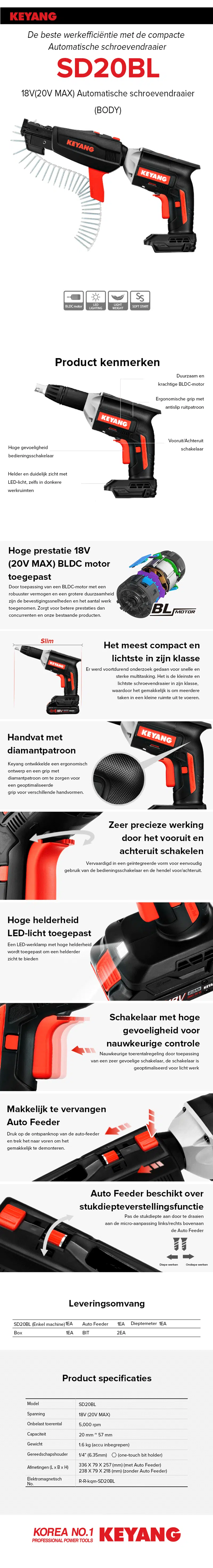 Keyang SD20BL Accu Gipsplaatschroefmachine – 18V BODY