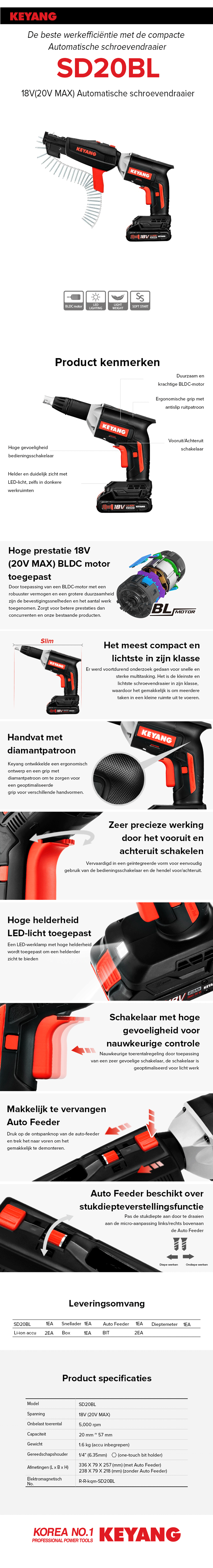 Keyang SD20BL Accu Gipsplaatschroefmachine – 18V (20V MAX) – 2×5.0Ah