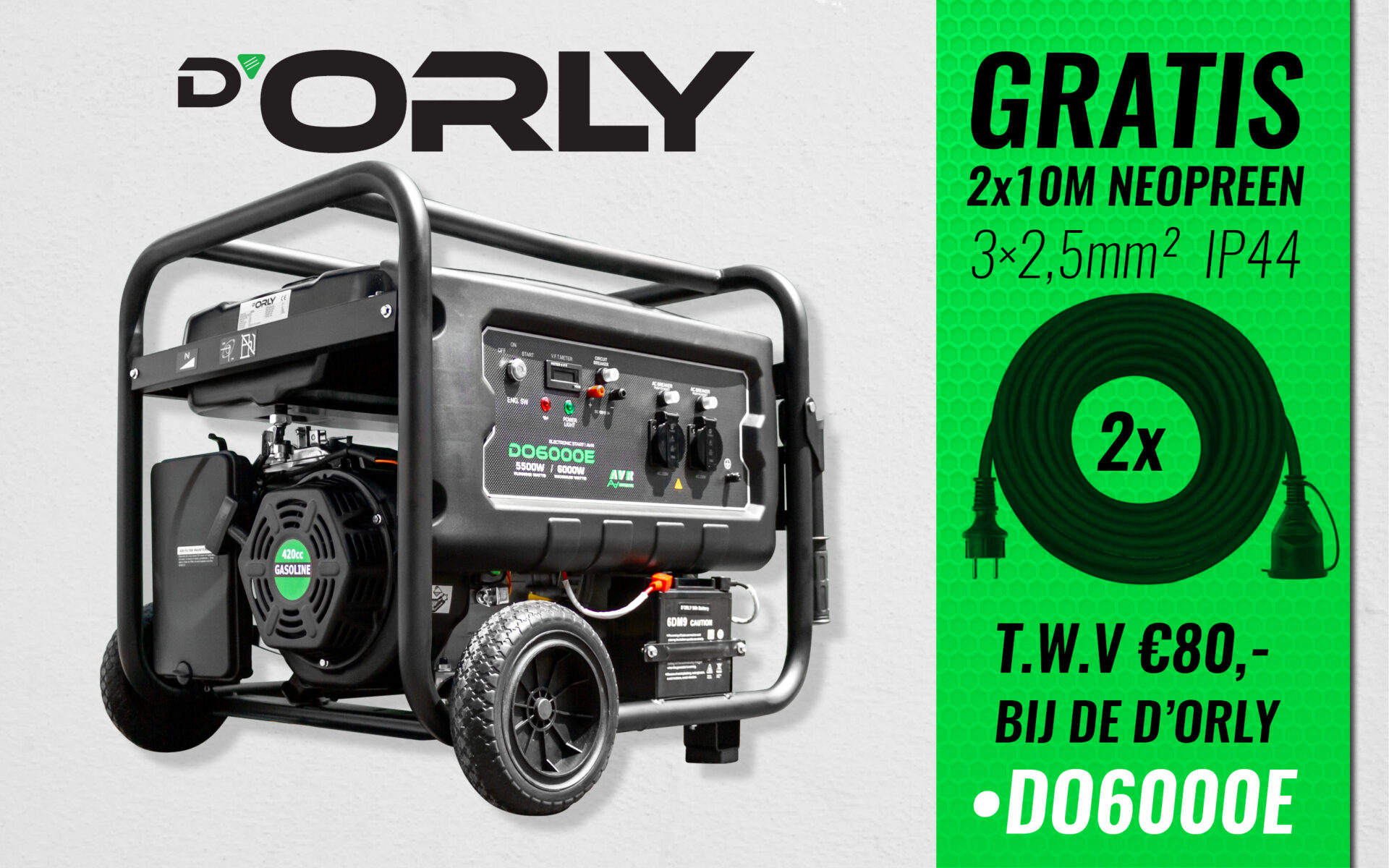 D'Orly benzine aggregaat 6kW + gratis 2x 10m verlengkabel