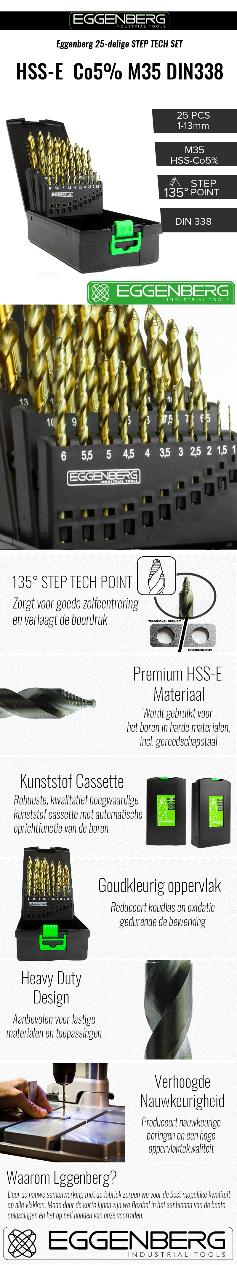 Eggenberg HSS Co5% Spiraalborenset met STEP POINT M35 DIN338 – 25-delig 1-13 mm