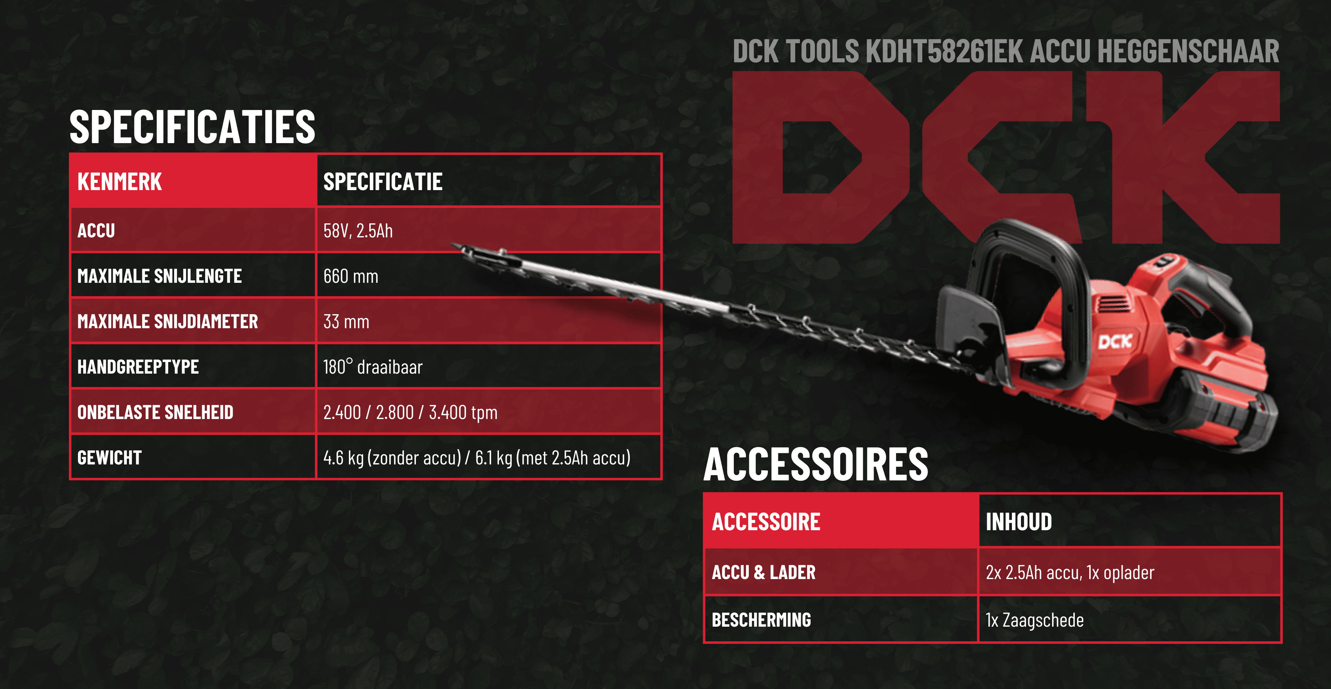 DCK 58V heggenschaar specificaties