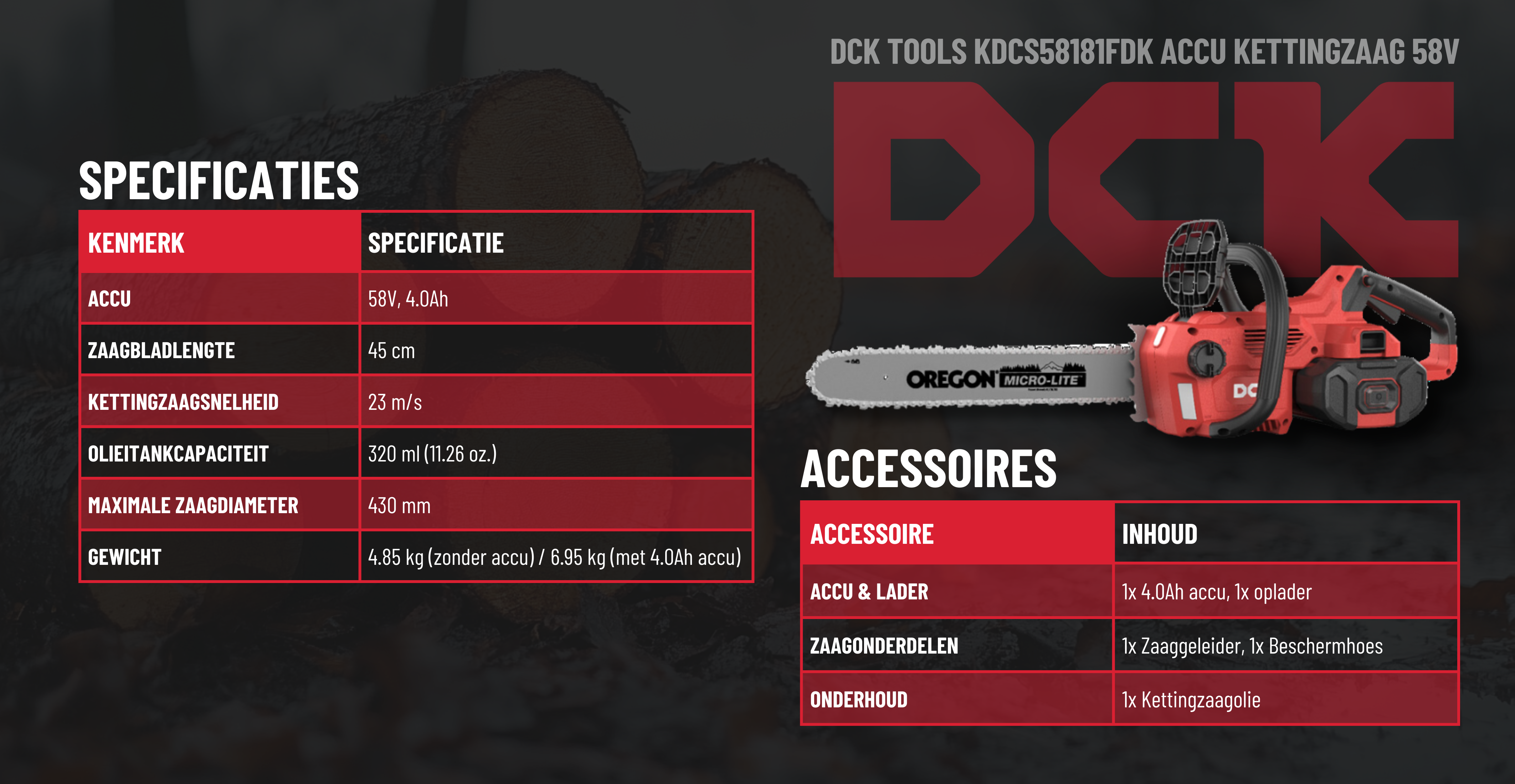 DCK 58V Kettingzaag specificaties