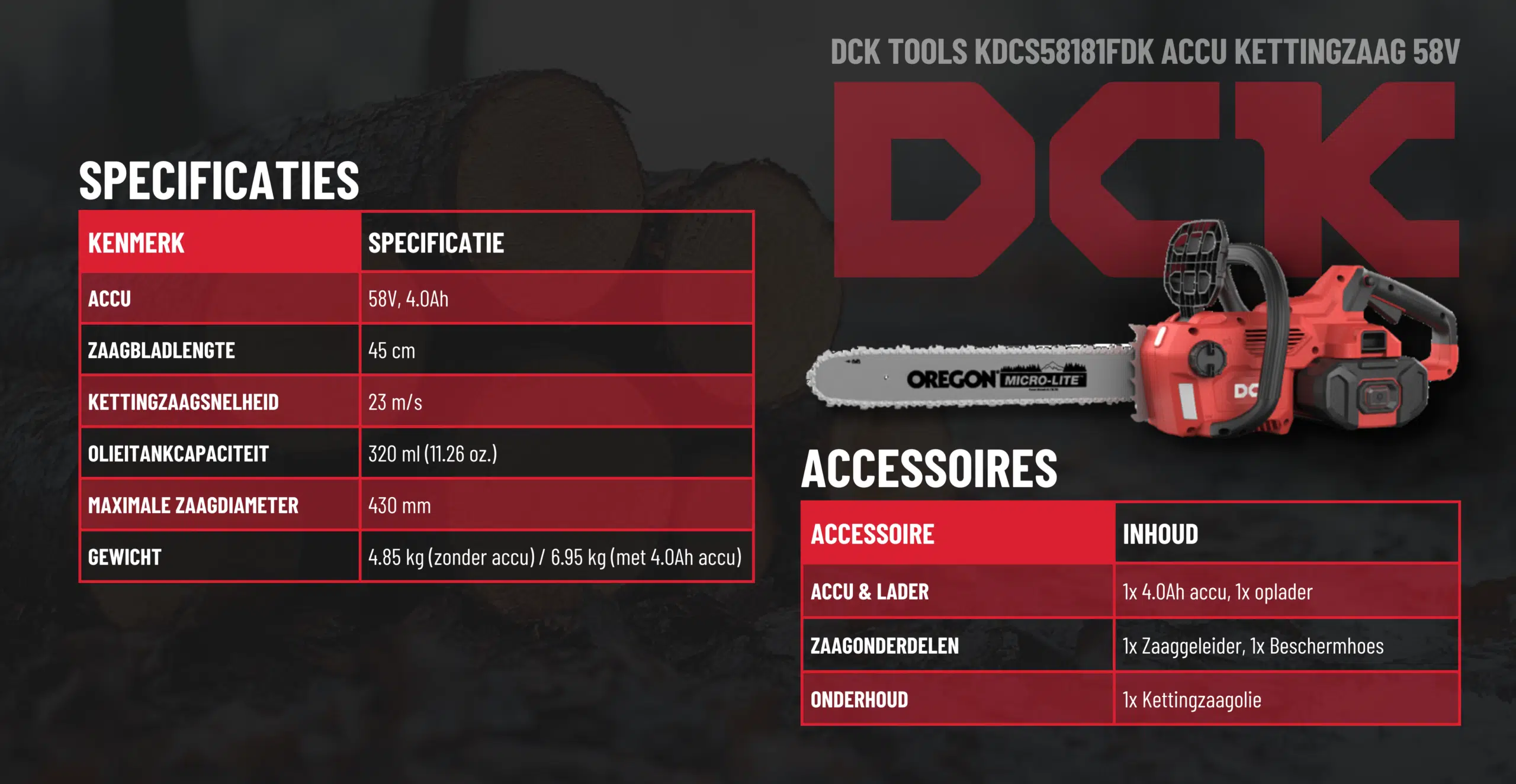 DCK 58V Kettingzaag specificaties