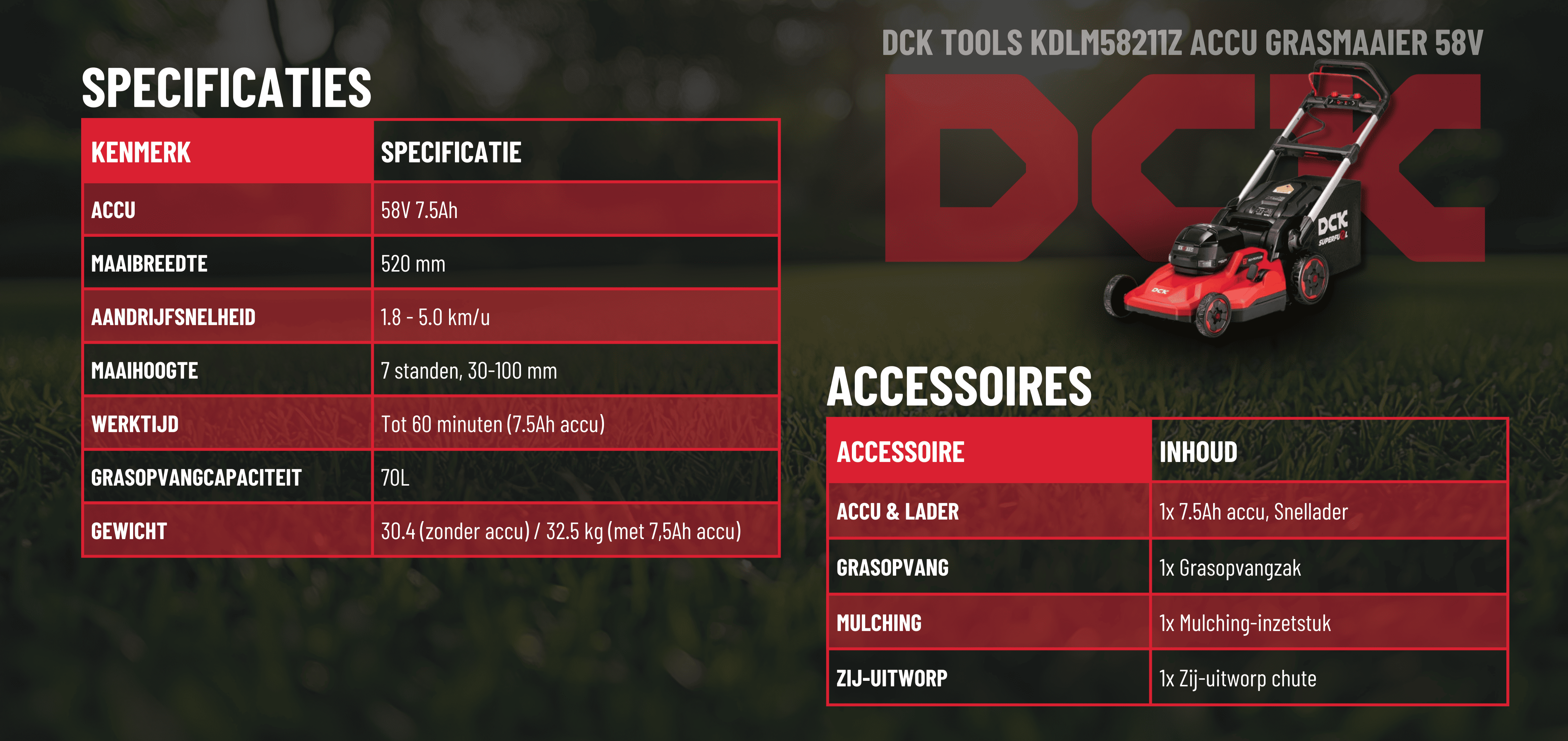 DCK 58V grasmaaier specificaties